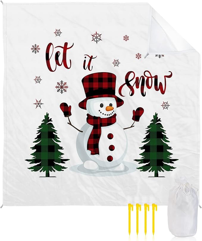 Beach Blanket Waterproof Sandproof Winter Christmas Snowman with Pine Trees Quick Drying Beach Mat with 4 Stakes Snowflake on White Lightweight Picnic Blanket for Travel Camping Outdoor 108x84