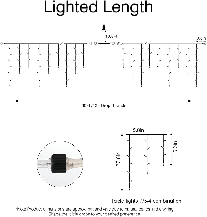 Minetom Icicle Lights for Outside 66Ft 736 LED Blue Christmas Lights with 138 Drops Icicle Christmas Lights Outdoor with Remote and Timer