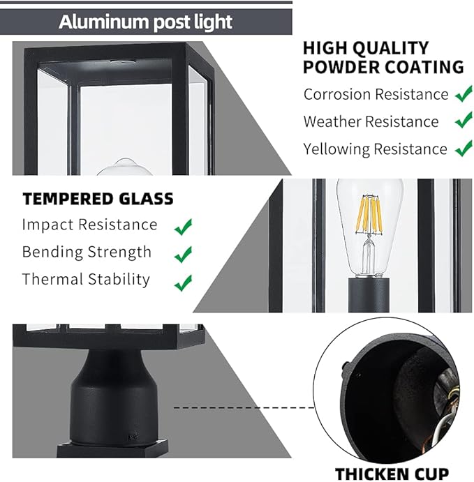 Large 15 inch Outdoor Post LightWaterproof Cast Aluminium Lamp Post Light FixturePost Lantern with Pier Mount BaseMatte BlackSuitable for GardenYardDrivewayetc