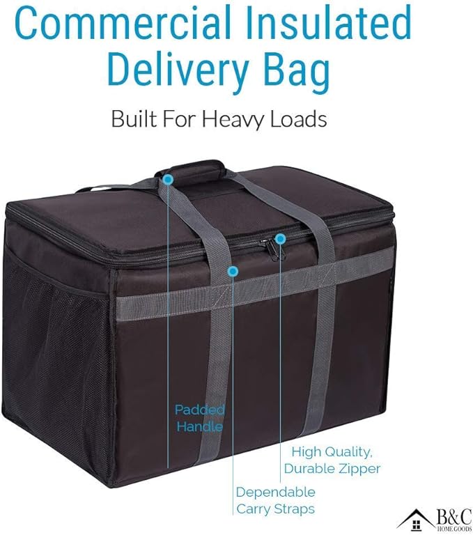 Insulated Commercial Food Delivery Bag with Side Pockets - Professional Food Warmer Portable Catering Hot Cold Meals - Thick Insulation Cooler for Grocery Shopping - 23 inches x 15 inches x 14 inches