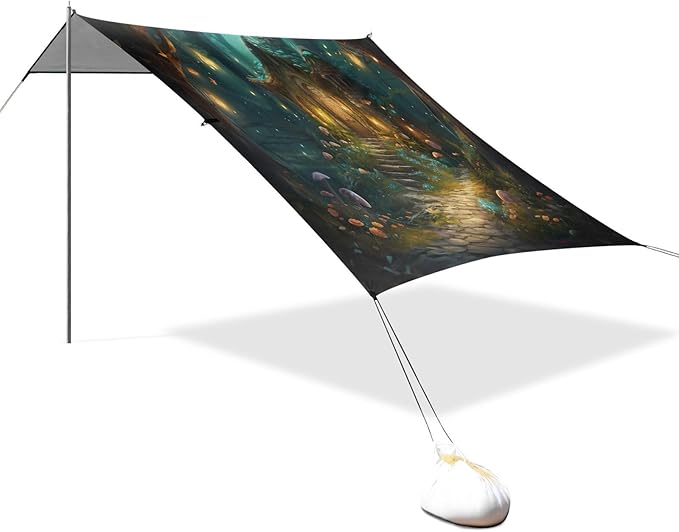 Fairy Fantasy Forest Beach Tent Sun Shelter 9.2' x 10.5' Beach Canopy with 4 Sandbags 4 Stability Poles Sand Shovels - Tent Canopy for Beach Camping Fishing Picnics
