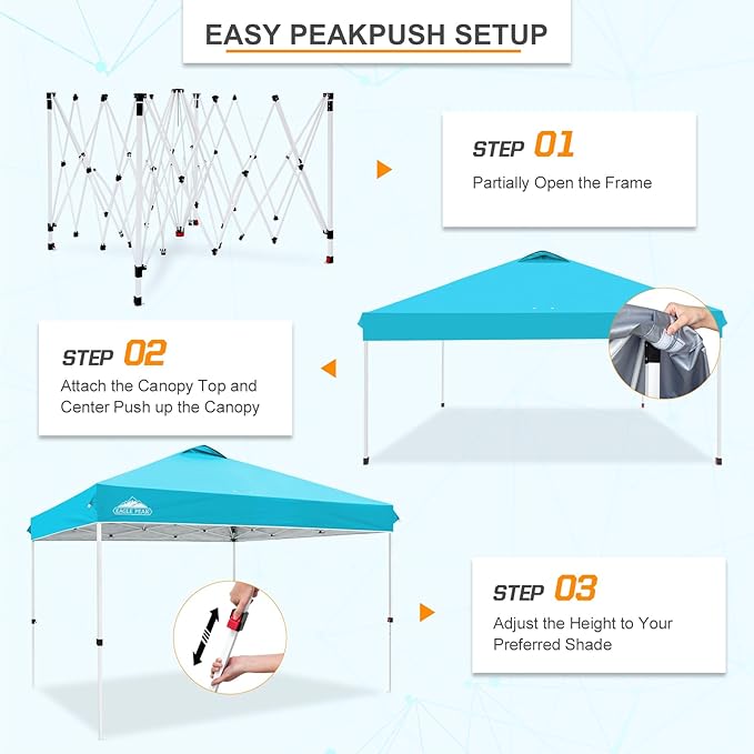 EAGLE PEAK Pop Up Canopy Tent with Wheeled Carry Bag 8 Stakes 4 Ropes 4 Weight Bags Easy Set Up Tent Canopy 12x12 ft 144sqft of Shade Light Blue
