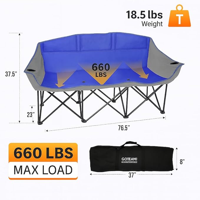 GoTEAM! Portable Folding Bench Couch – 3 Seat Collapsible Outdoor Chair with Cup Holders &amp Carry Bag – Heavy Duty 600D Nylon for Camping Sports Tailgating Beach &amp Backyard (Blue/Gray)