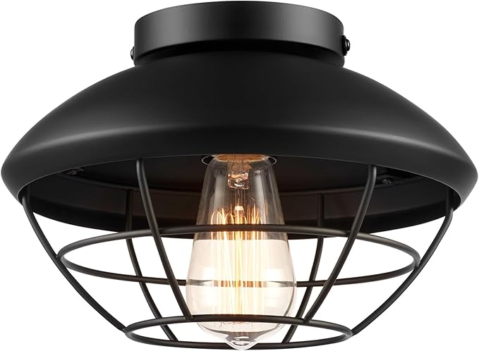 Globe Electric 60000120 1-Light Outdoor Flush Mount Ceiling Light Matte Black Finish Metal Cage Shade Weather Resistant Industrial Outdoor Ceiling Light E26 Base