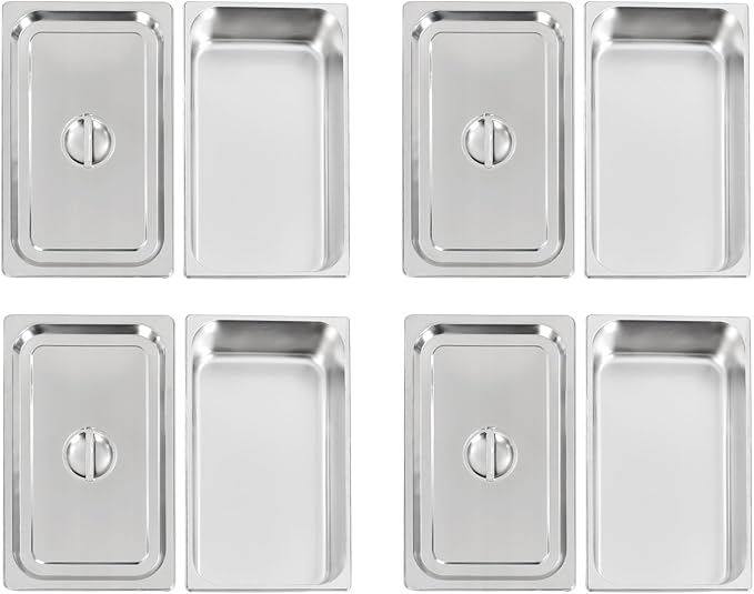4 Pack Full Size Stainless Steel Hotel Pans 4 Deep Steam Table Pan 21 L x 12.8 W Stainless Steel Food Storage Containers Buffet Pan with Lids for Home Party Restaurant Hotel Buffet