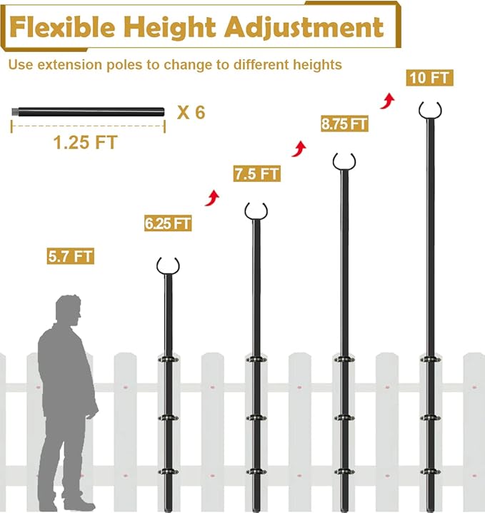 10 FT Outdoor String Light Pole Stand for Deck Fence or Patio Railing Adjustable Globe Patio Light Post for Hanging Outside Decorate Lighting 2 Packs