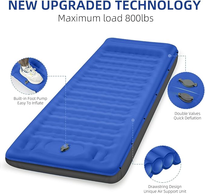 Camping Sleeping Pad Extra Thick 5 Inch Camping Mat with Pillow Built-in Foot Pump Inflatable Sleeping Pads Compact for Camping Backpacking Hiking Traveling Tent（Blue Grey）