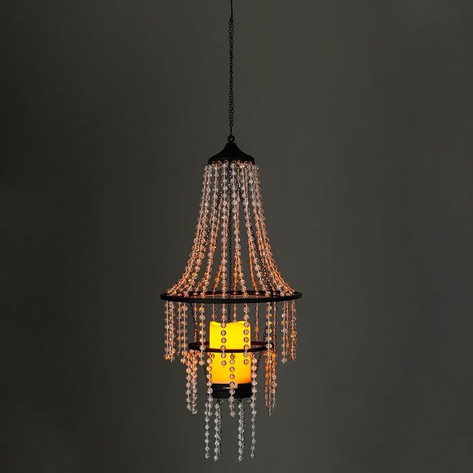Hanging Candle Chandelier Outdoor Battery Operated Clear Acrylic Beaded Chandelier with Flickering Led Candle Light S Hooks Modern Lantern for Garden Yard Patio Gazebo Room Indoor Decorations 28”H