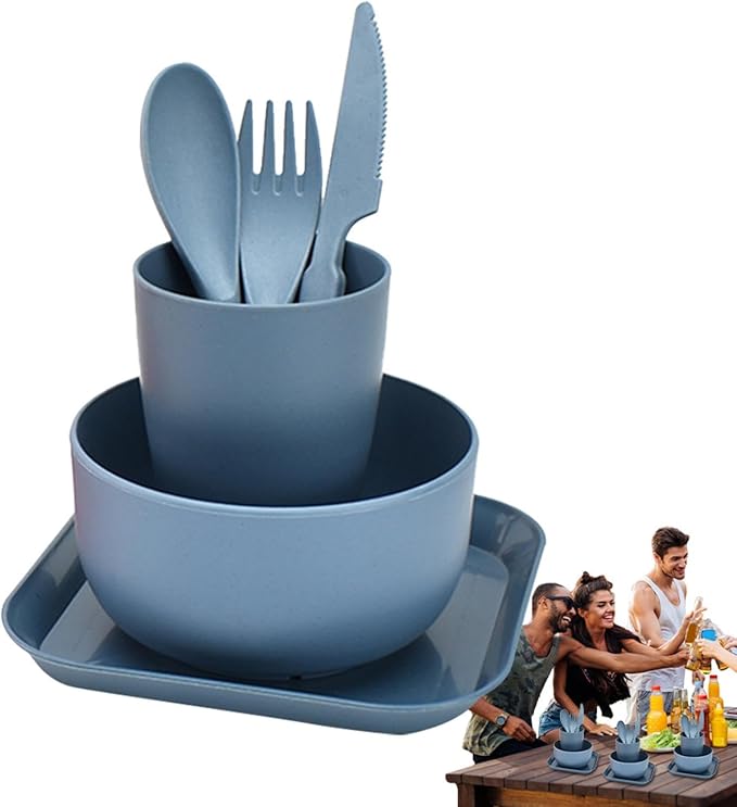 Camping Utensils Camping MessKit Reusable 4-Piece Tableware Set Flatware Cutlery Set for Travel Camping Picnic Outdoor Camping Gear Include KnifeSpoonFork Cutlery SetCupBowlPlate