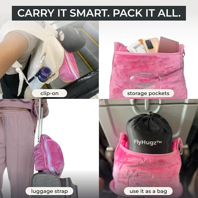 FlyHugz Pink Travel Blanket &amp Pillow Set (59.1x47.2) with Carry Case Luggage Sleeve &amp Clip – Portable Lightweight Breathable &amp Washable – Perfect for Plane Car Camping &amp Travel