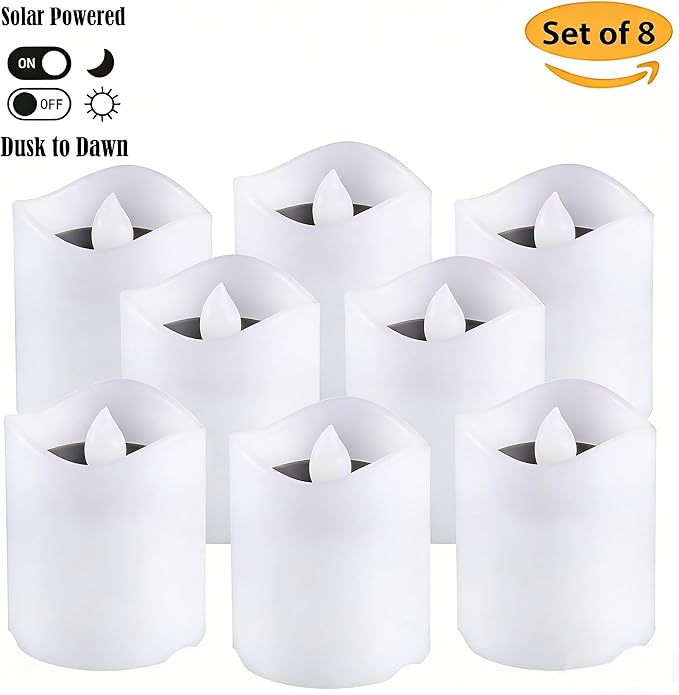 Solar Candles Outdoor Waterproof 8pcs Rechargeable Dusk to Dawn Little Votive Candles Flameless Flickering Solar Tea Lights for Patio Yard Deck Pathway Window Outdoor Lantern Decor (Warm White)
