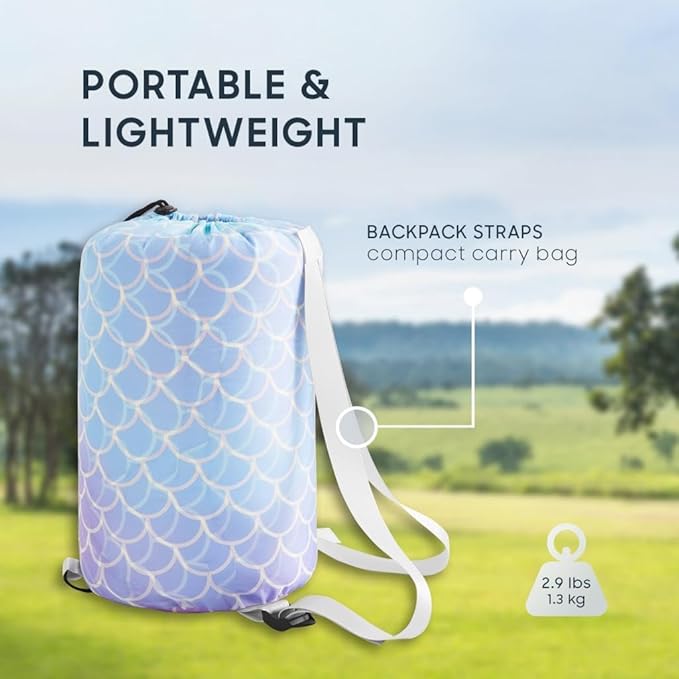 Wake In Cloud - Kids Sleeping Bag for Girls Toddlers Camping in Warm Cold Weather Backpacking Lightweight Compact Outdoor Liner for 3 Seasons Summer Spring Fall Mermaid Purple Blue
