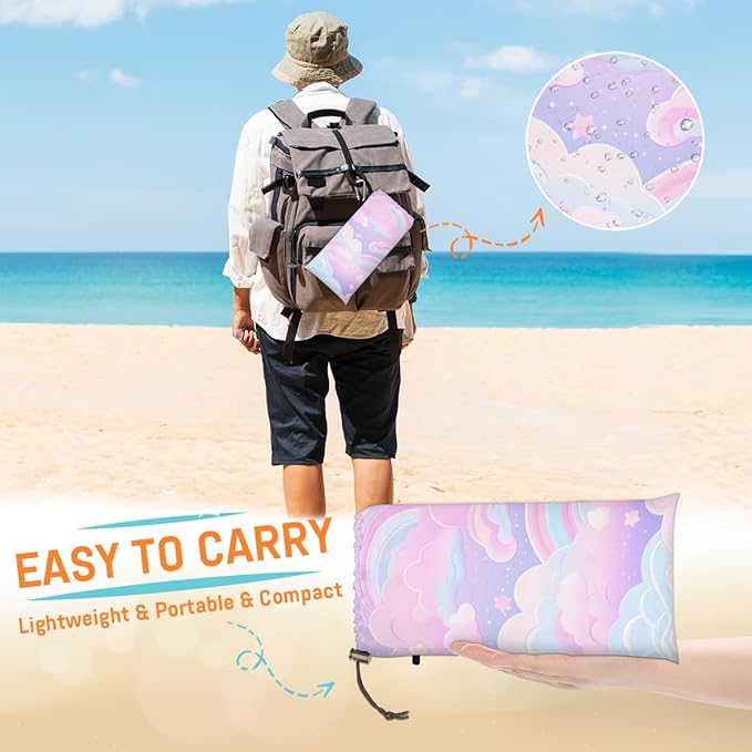 Waterproof Sandproof Beach Blanket 59''×68'' Starry Night Polyester Outdoor Picnic Blanket with 4 Stakes &amp Storage Bag for BeachCampingVacation Pale Pink