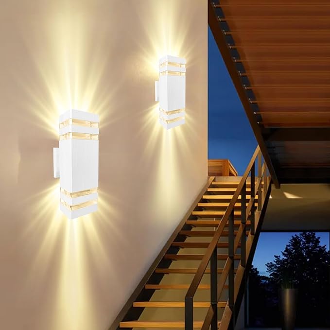 Outdoor Lights Wall Mount White Up and Down Exterior Lighting Fixtures Modern Square Porch Wall Sconce Aluminum Front Door Light LED Wall Lamp for Garage Garden Patio 2 Pack