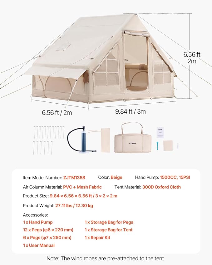 VEVOR Inflatable Tents for Camping Easy Setup Blow up Tent with Hand Pump 4 Season Glamping Tent with Stove Jack Doors &amp Mesh Windows Storage Bag Included for Easy Taking