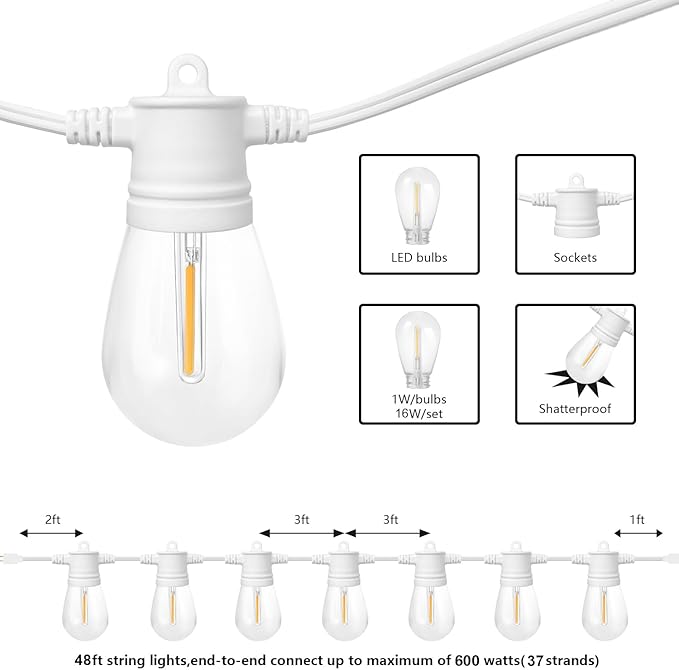SUNTHIN White String Lights 48ft White Outdoor Lights with 16 1W Shatterproof LED Bulbs for Patio Garden Backyard Porch Cafe Deck Wedding Party