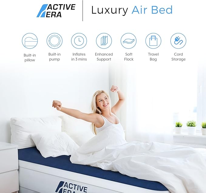 Active Era Luxury Queen High Air Mattress with Built in Pump and Raised Pillow - Elevated Double with Structured I-Beam Technology Height 22 Tall Air Bed Queen Size