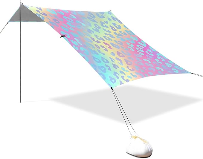 ALAZA Blue Cheetah Print Leopard Rainbow Beach Tent Sun Shelter UPF50+ Protection Beach Shade Canopy w/ 4 Sandbags for Outdoor Camping Fishing Backyard Fun Picnic 10x9 ft