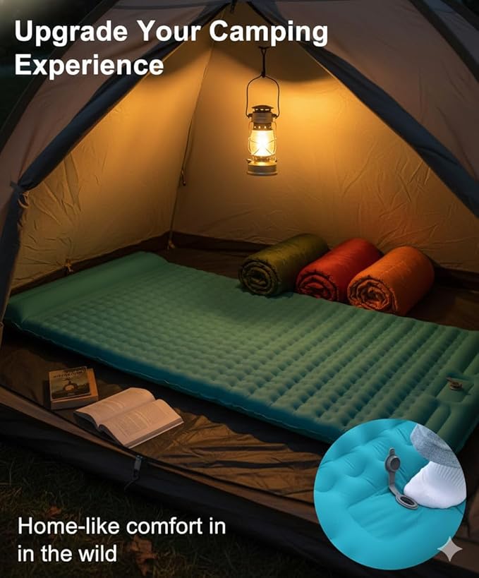 HI FINE CARE Inflatable Double Sleeping Pad for Camping 2 Person Air Mattress Self-Inflating Camp Pad Extra Thick &amp Lightweight Ultimate Comfort for Two Campers