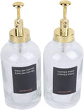 Fydun 2PCS Glass Syrup Pump Dispensers with 9 Labels and Silicone Funnel - Elegant Bar Accessory for Coffee Oils and Dressings - 500ml Acity - Gold Finish