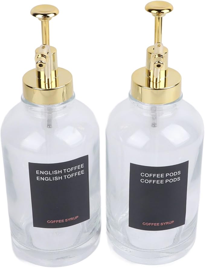 ZJchao Syrup Dispenser Coffee Bar Essentials with 9 Labels 500ml 2PCS Coffee Syrup Transparent Glass Pump Dispenser For Bar For Storing Syrups Olive Oil Soy Sauce
