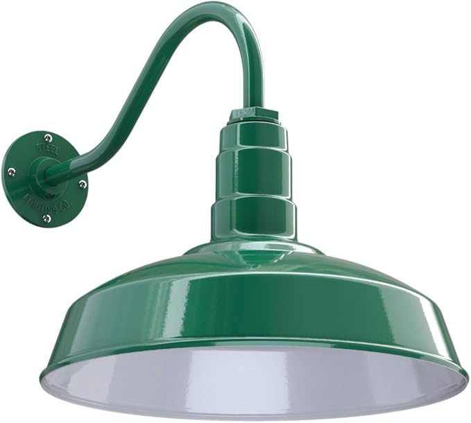 Steel Lighting Co. Gardena Barn Light | Outdoor Wall Mounted | 16 Dome | 16 Gooseneck | Farmhouse Light Made in America | Green Exterior/White Interior