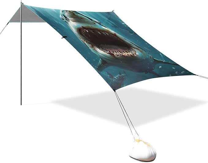 Shark with Opened Mouth Beach Tent Sun Shelter 9.2' x 10.5' Beach Canopy with 4 Sandbags 4 Stability Poles Sand Shovels - Tent Canopy for Beach Camping Fishing Picnics