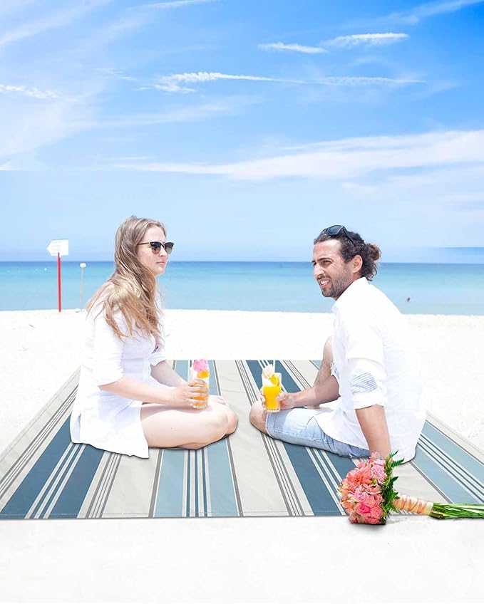Beach Blanket Waterproof Sandproof OversizedOmbre Blue Gray Stripe Beach Mat with Corner Stakes Sand PocketsWatercolor Vertical Striped Outdoor Picnic Mat for Travel Camping Hiking118x108In