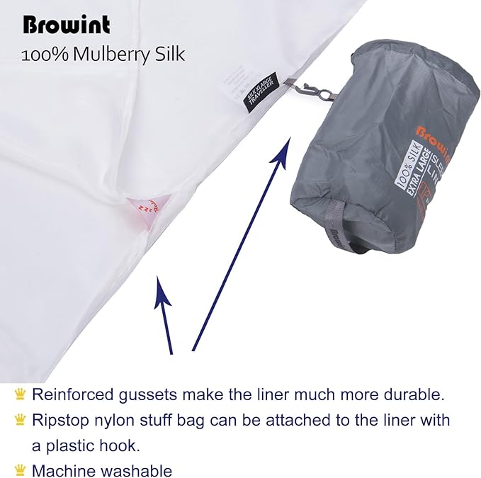 Browint Silk Sleeping Bag Liner Silk Sleep Sack Extra Wide 87x43 Lightweight Travel Sheet for Hotels More Colors for Option Reinforced Gussets