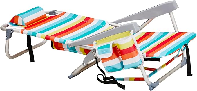 Folding Beach Chair Lightweight Folding Webbed Lawn Beach Chair for Adults with Headrest and Cup HolderLow Beach Chair 5 Position Lay FlatOutdoor ChairCollapsible ChairsRainbow Stripes