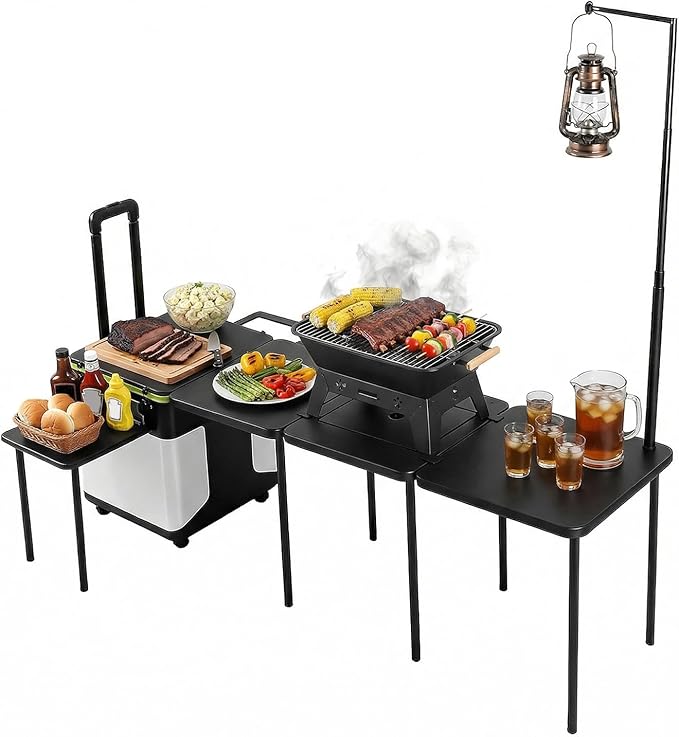 Multifunctional Outdoor Kitchen Station with Wheels Folding Overland Camping Kitchen Table with Light Poles for Picnic Party Beach BBQ Cooking Indoor
