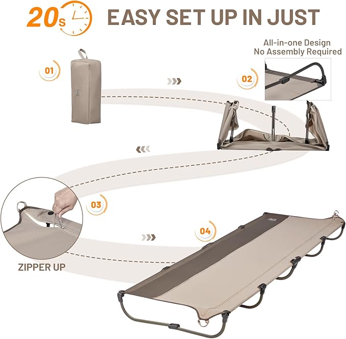 TIMBER RIDGE 20-Second Quick Set-Up Camping Cot Lightweight Aluminum Folding Cot with Zipper Closure Portable Carry Bag Included for Camping Travel and Outdoors Support up to 225lbs Tan 2pcs