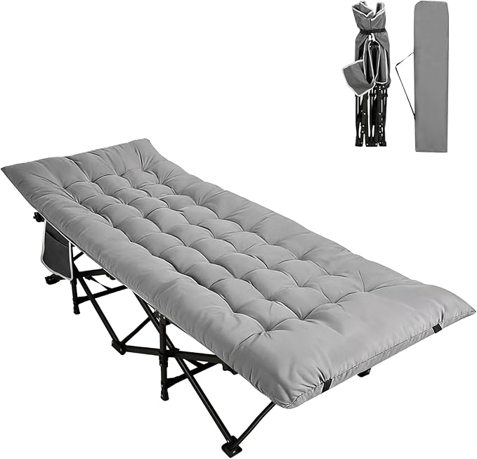 Northroad Camping Cot with Thick MattressQuick Set-Up Sleeping Cots Bed with Side Pocket for Outdoor Camping Office Nap Home Garden Beach Travel Grey
