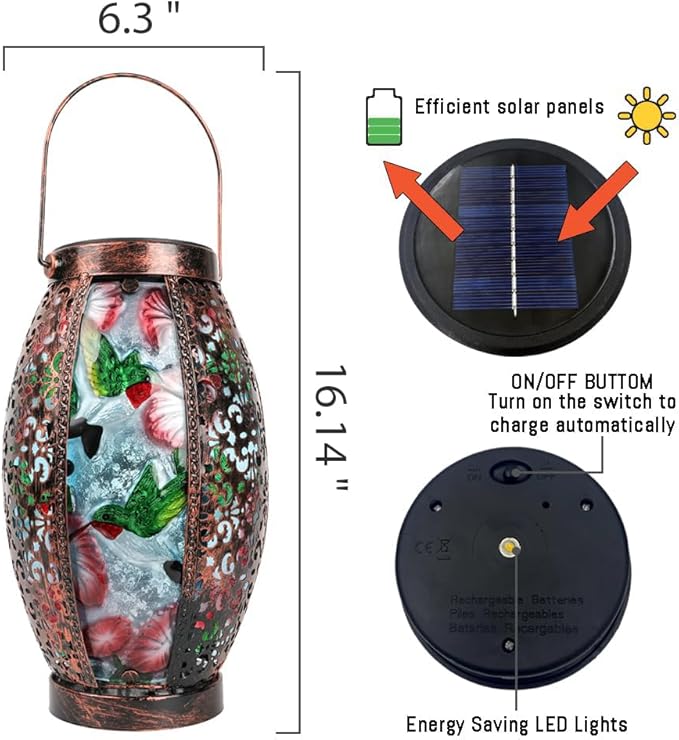 Hummingbird Solar Lanterns Glass &amp Metal Hanging Lantern Outdoor Waterproof 16 H Tabletop Light with Hollowed-Out Design for Garden Patio Table Decor Mother's Day Gift