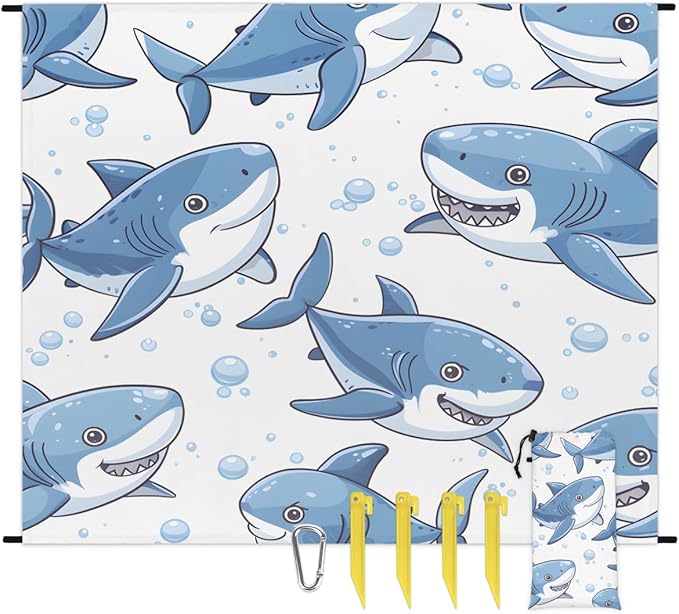 Waterproof Sandproof Beach Blanket 59''×68'' Ocean Sharks Polyester Outdoor Picnic Blanket with 4 Stakes &amp Storage Bag for BeachCampingVacation White Bottom