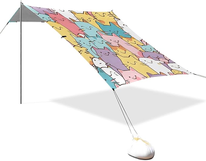 Seamless Pattern of Cats Camping Sun Shelter Beach Tent Portable Beach Sun Shade Outdoor Canopy for Camping Trips Fishing Picnic