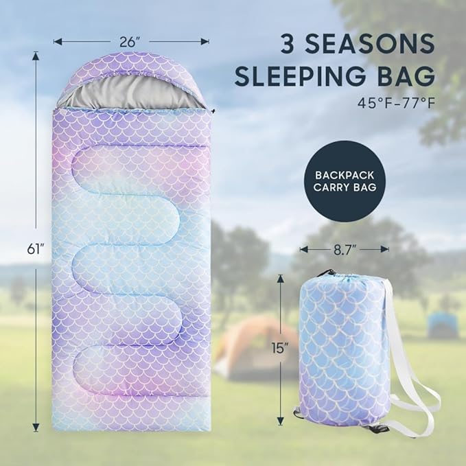 Wake In Cloud - Kids Sleeping Bag for Girls Toddlers Camping in Warm Cold Weather Backpacking Lightweight Compact Outdoor Liner for 3 Seasons Summer Spring Fall Mermaid Purple Blue