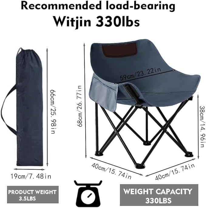 Camping Folding Chair Heavy Duty Oversized Portable Outdoor Chair Foldable Camp Chair with Side Pocket Carry Bag Included Collapsible Chair for Camping Tailgates Beach