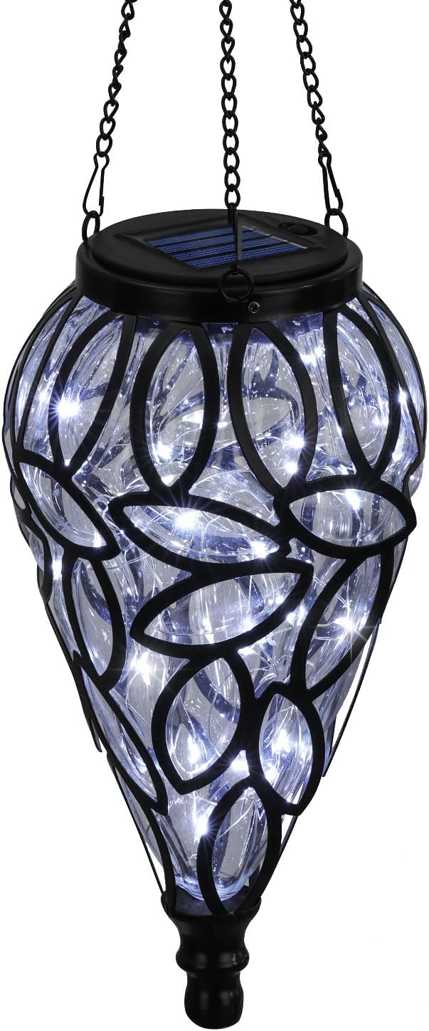 SUNNYPARK Outdoor Plastic Solar Hanging Lantern 15 Cool White LEDs Twinkle Effect Tear-Shaped Hanging Lantern Decor Garden Decorative Solar Lights for Backyard Patio and Lawn