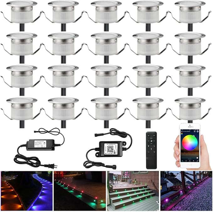 Sumaote LED Deck Lights Kit 20pcs Φ1.22 WiFi Wireless Smart Phone Control Low Voltage Recessed RGB Deck Stair Lights Waterproof Outdoor Step Yard Path Landscape Decor