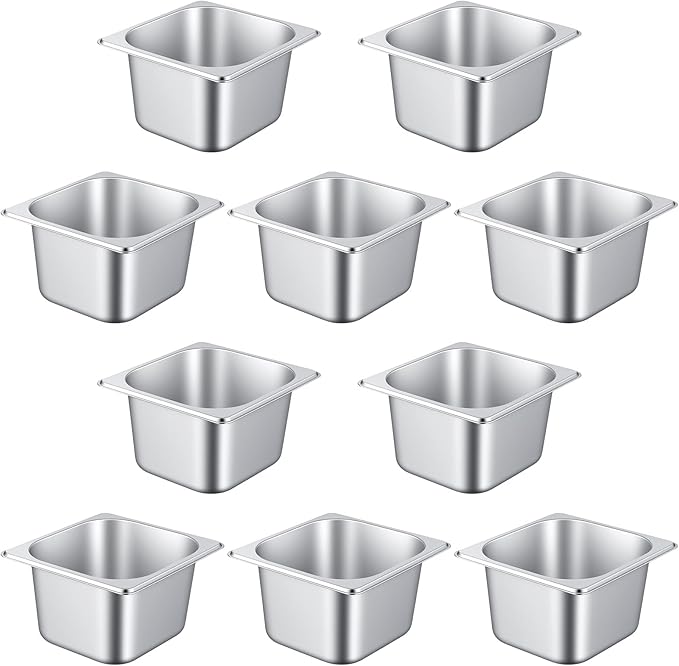 JAPCHET 10 Pack Anti-Jam Hotel Pans 1/6 Size Stainless Steel Steam Table Pan 4 Inch Deep Metal Food Storage Pan for Catering Commercial Kitchen Hotel Restaurant Buffet Supplies