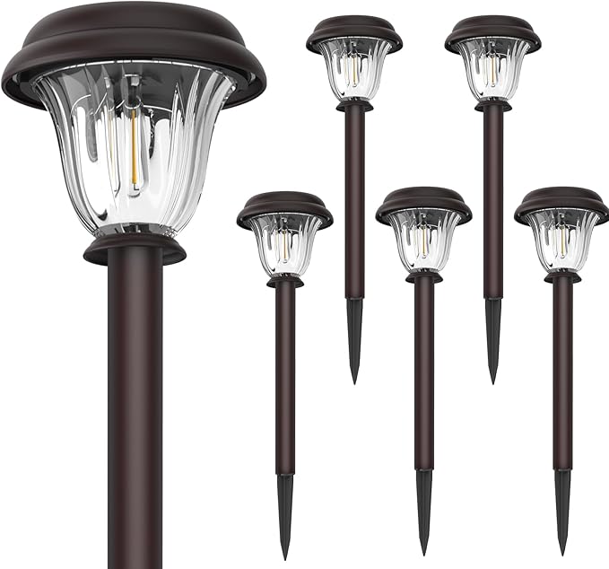 Solar Lights Outdoor 6 Pack Metal Solar Pathway Lights Heavy Duty Stainless Steel &amp Glass Auto On/Off Waterproof Garden Lights for Driveway Landscape Walkway Yard Outdoor Decor (Warm White)