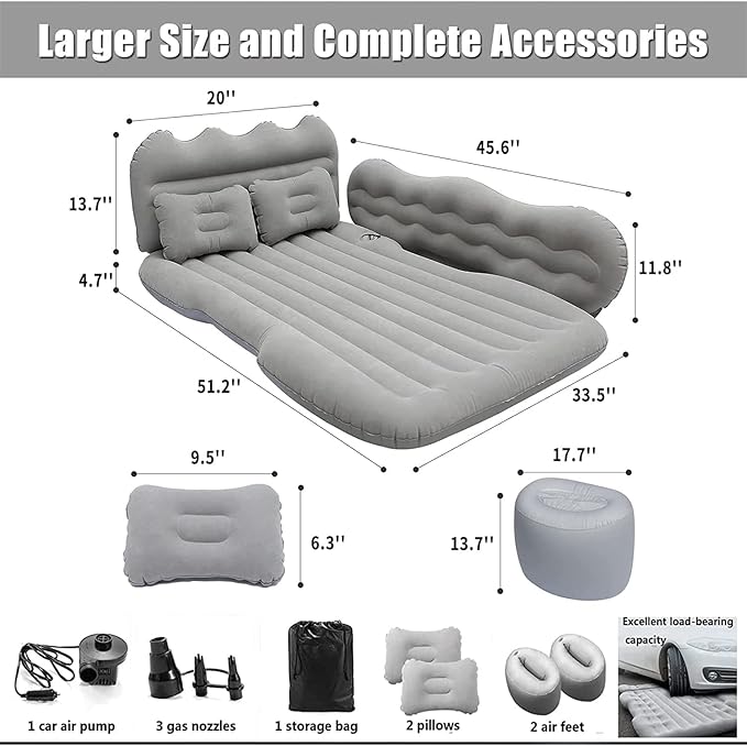 Car Air Mattress Back Seat Truck Inflatable Blow Up Bed with 2 Pillows and Electric Car Air Pump Portable Sleeping Pad for Travel Camping (Black)
