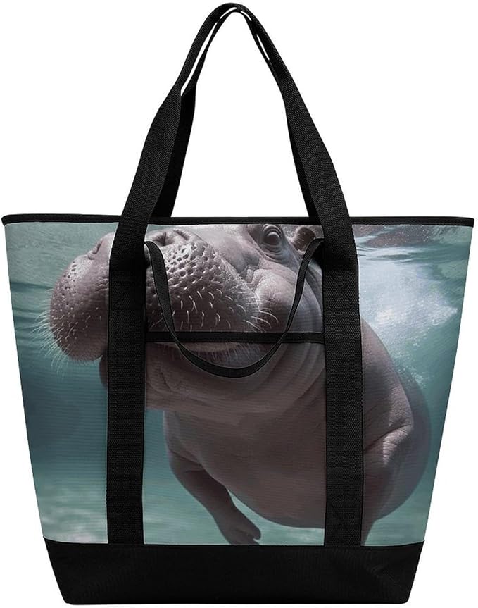 Insulated Shopping BagLarge Reusable Cooler Bags Diving Hippo Printed Foldable Shopping BagTravel Waterproof Shoulder Bag