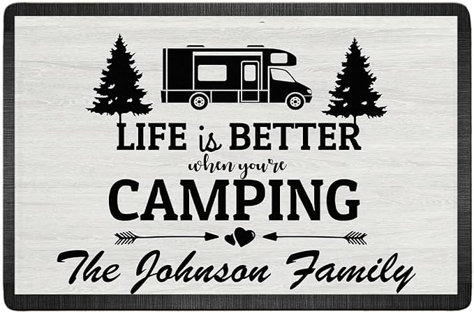 Personalized Campsite Doormat - Life is Better When You are Camping Custom Family Name Door Mat RV Accessories for Inside Outside Funny Rugs Decorations Travel Trailers 16 x 24 inches