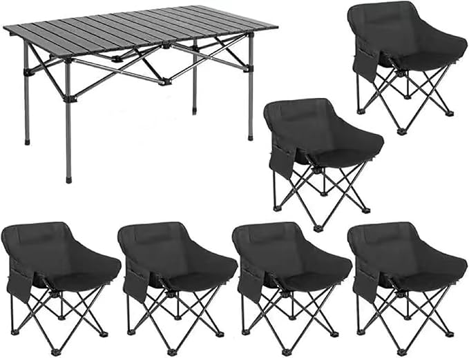 7Pcs Folding Camping Chairs &amp Table Set - Picnic Table Design Folding Chair Set with Table for Picnic Party BBQBlack