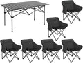 7Pcs Folding Camping Chairs &amp Table Set - Picnic Table Design Folding Chair Set with Table for Picnic Party BBQBlack