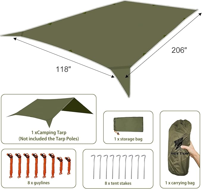 GEERTOP 17 × 10 ft Large Camping Tent Tarp Outdoor Waterproof Flame Retardant Hammock Rain Fly Backpacking Tent Tarp Shelter for Hiking Travel Picnic(Not Includes Poles)
