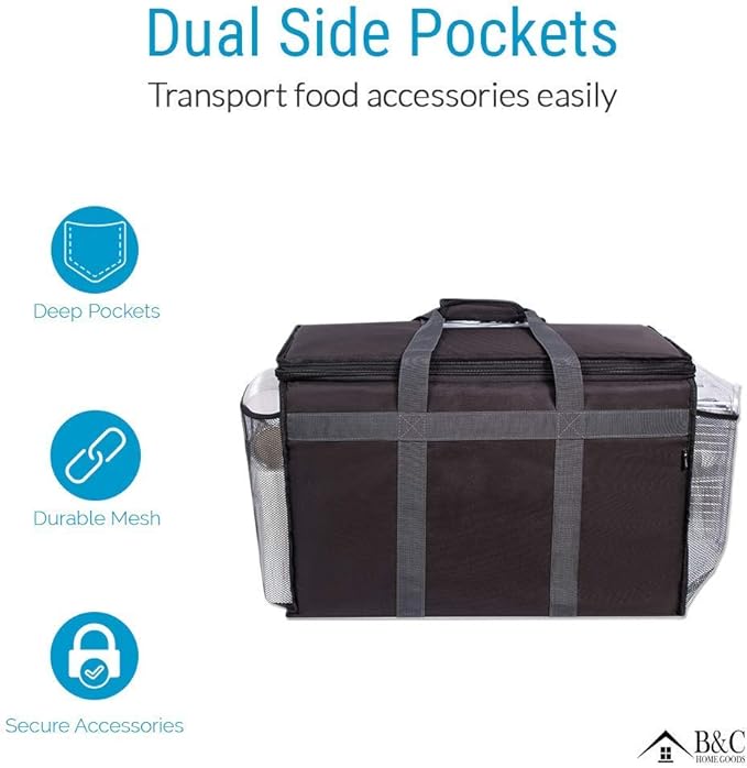 Insulated Commercial Food Delivery Bag with Side Pockets - Professional Food Warmer Portable Catering Hot Cold Meals - Thick Insulation Cooler for Grocery Shopping - 23 inches x 15 inches x 14 inches