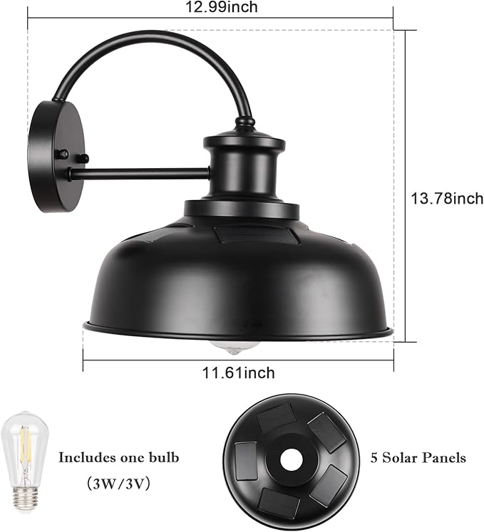 Solar Barn Light Outdoor Farmhouse Dusk to Dawn Sensor Wall Sconce 12 Inch Rustic Solar Powered Exterior Light Fixture for Porch Garage Patio 2 Pack ROS-SR026-2